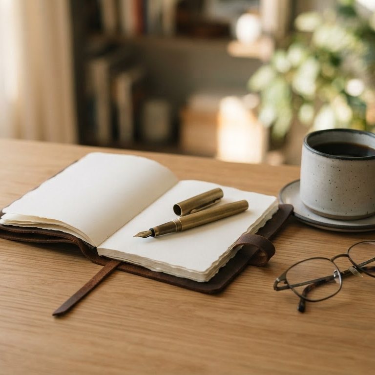 An open notebook, a brass pen and a cup of coffee on an oak desk in morning light